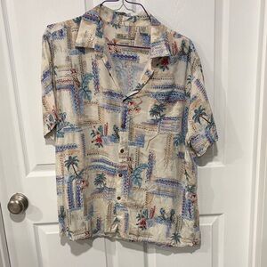 Vintage Tropical Print Button-Up Shirt - Cream, Blue & Red